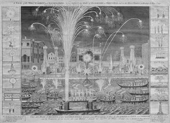 Ansicht des Feuerwerks und der Illuminationen bei Seiner Gnaden, dem Herzog von Richmond, in Whitehall und auf der Themse am Montag, dem 15. Mai 1749